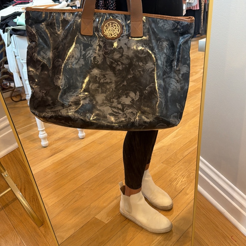 Patent Floral Tote Bag with Brown Trim and Medallion Detail